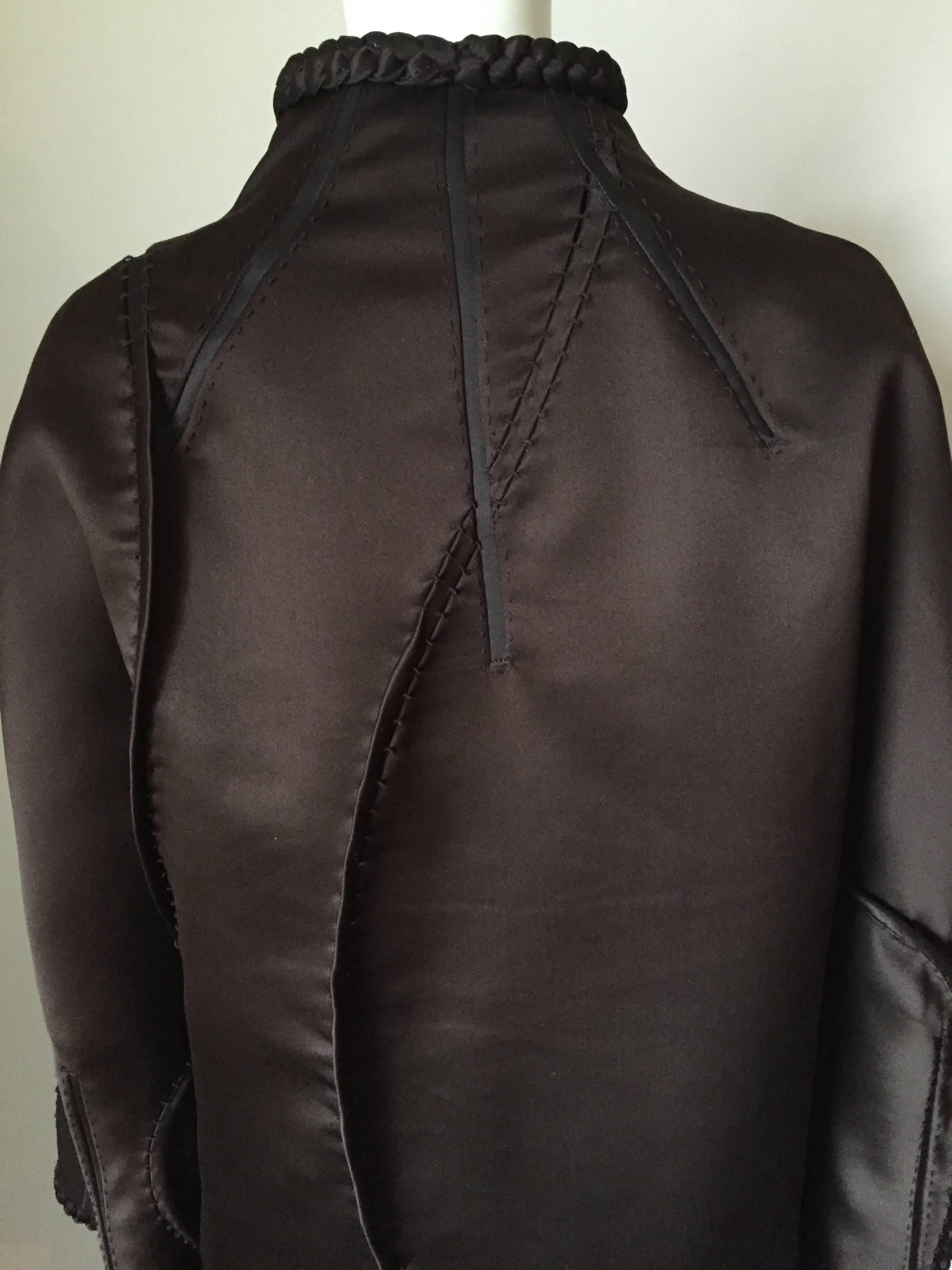 Chado Ralph Rucci Brown Silk coat Braided Trim Wide Sleeves 3-D Details Large 1