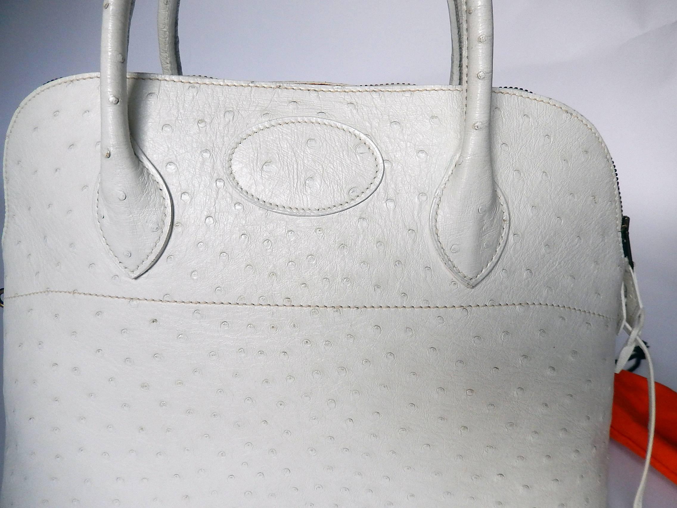 Women's Hermes Ultra Rare White Exotic Ostrich Bolide Bag 37 Cm For Sale