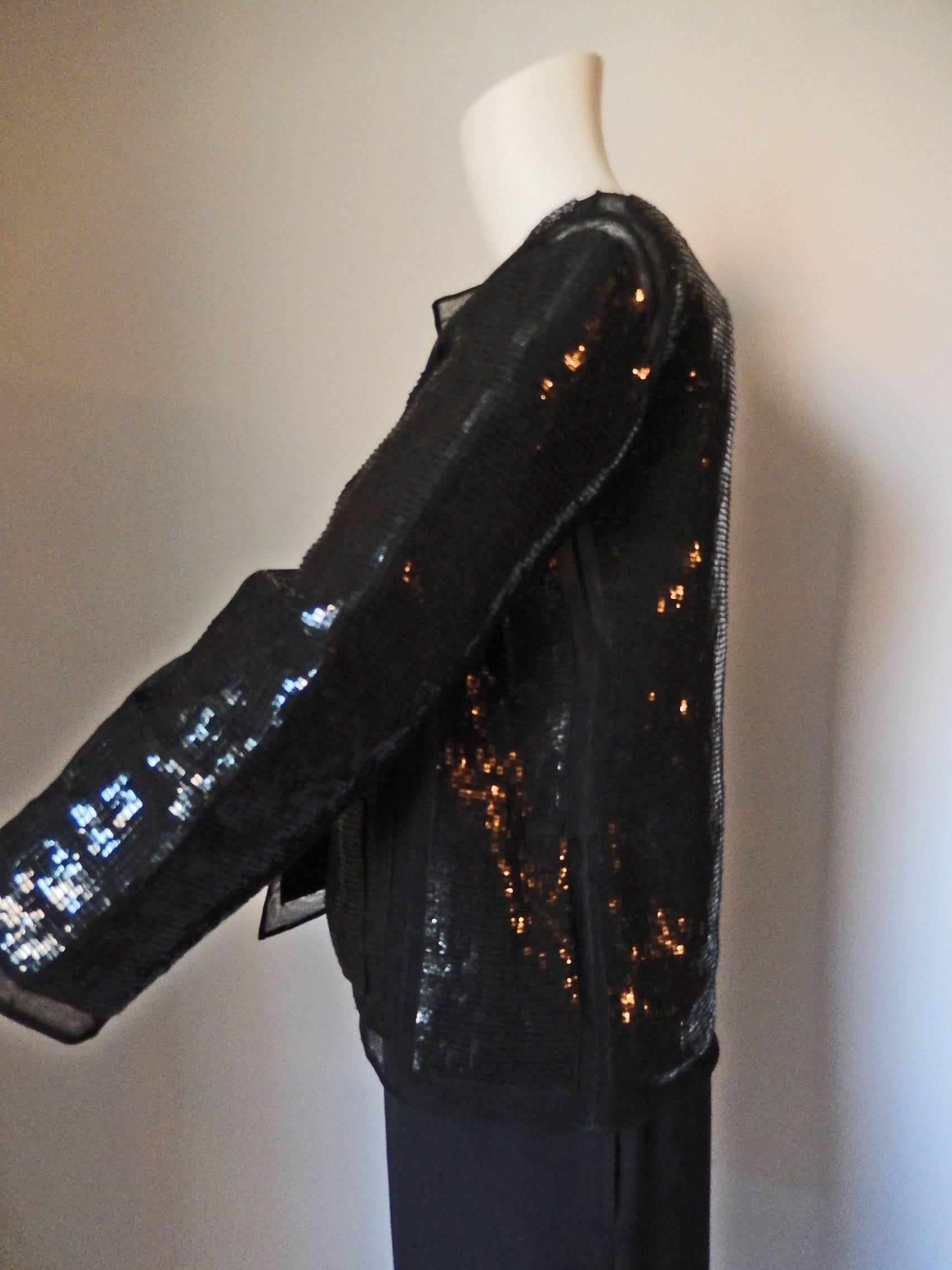 Chado Ralph Rucci Brand New Black Sequin Cardigan Jacket  Hand Sewn 100% Silk In New Condition In New York, NY