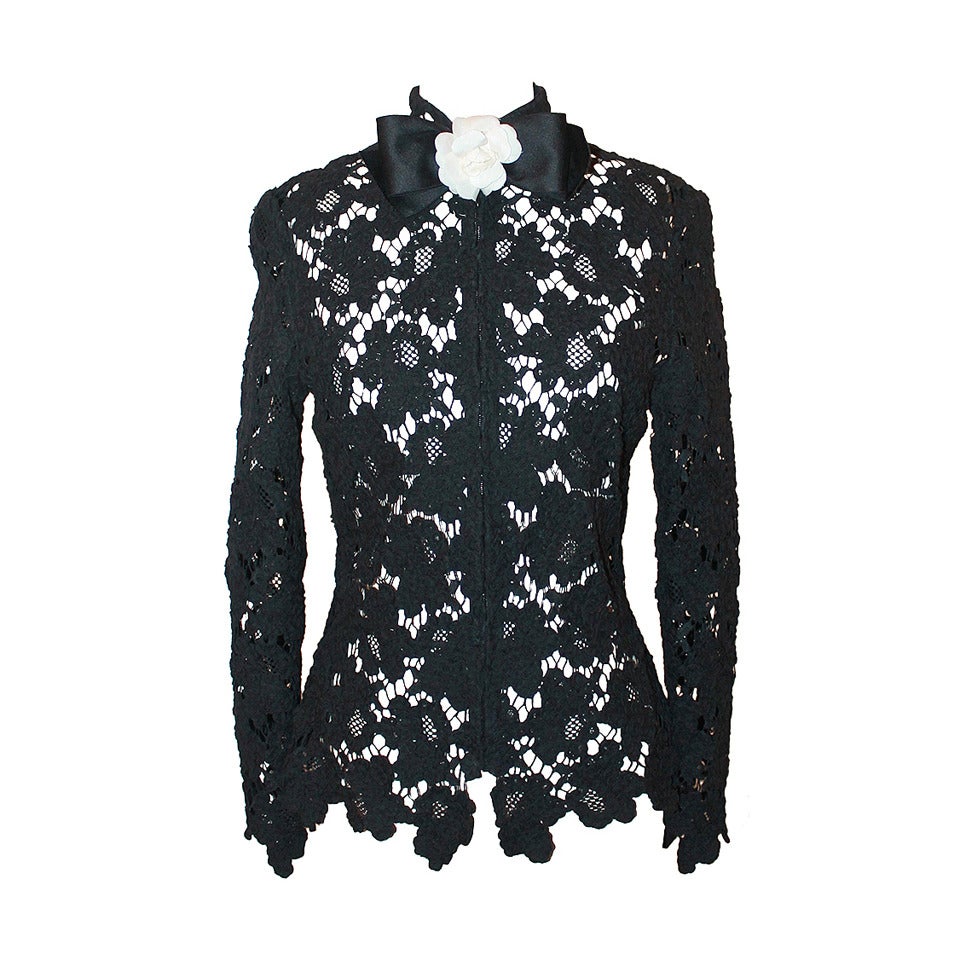 Chanel Black Lace Jacket with White Camelia Bow Tie - 42