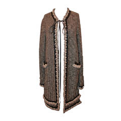 Chanel Brown Cashmere Woven Coat with Leather Trim - 40