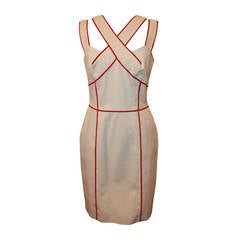 Oscar De La Renta Vestido crema con ribetes rojos