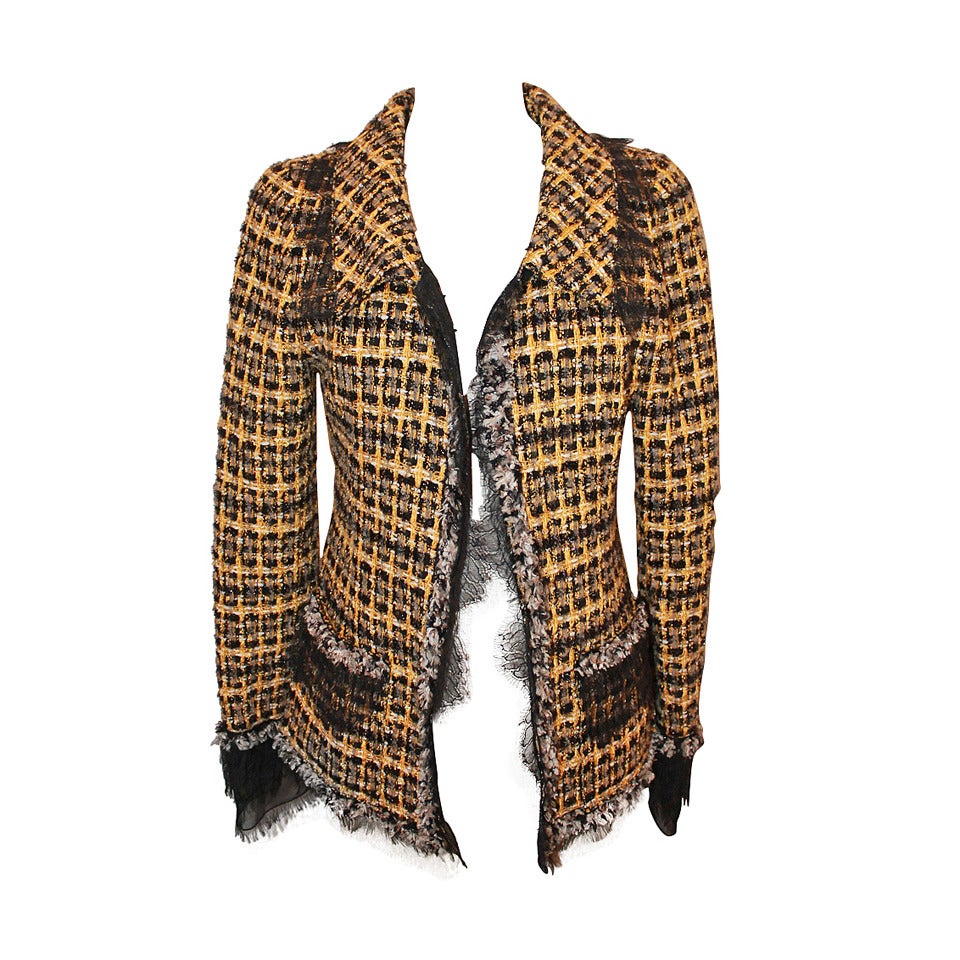 Oscar De La Renta Yellow & Black Tweed Jacket - 10 For Sale