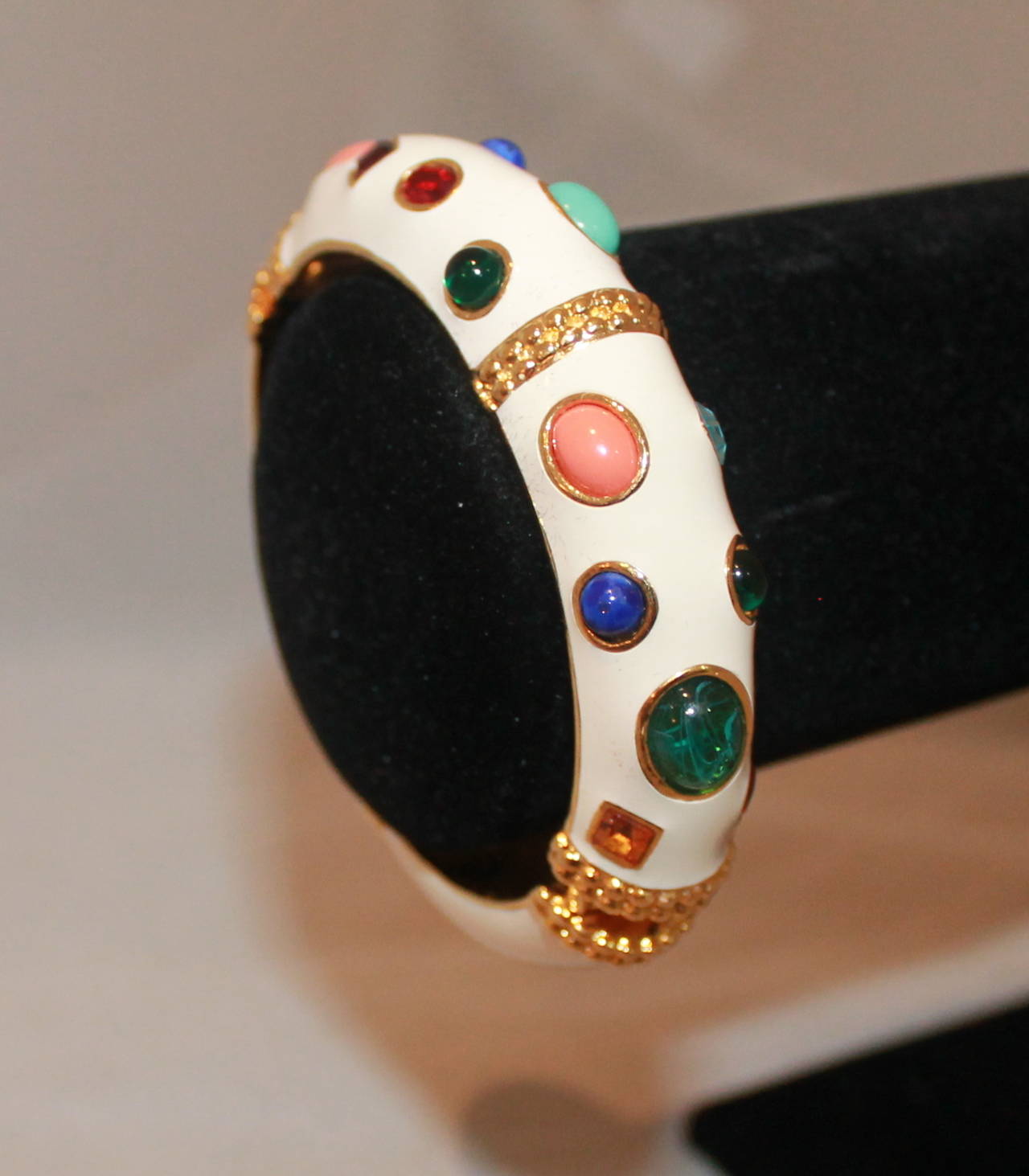 Kenneth Jay Lane White Enamel & Multi Stone Bangle In Excellent Condition In West Palm Beach, FL