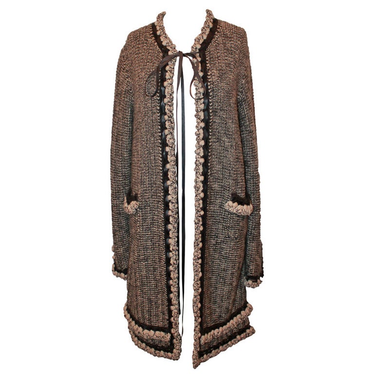 Chanel Brown Cashmere Woven Coat with Leather Trim - 40