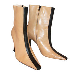 Chanel Tan Leather Booties with Black Stripe - 36.5