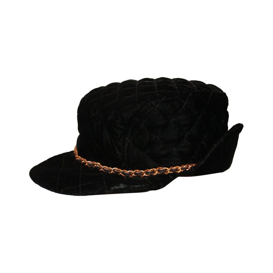 Chanel Vintage Black Velvet Quilted Hat with Gold Chain at 1stDibs
