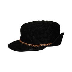 Chanel Vintage Black Velvet Quilted Hat with Gold Chain