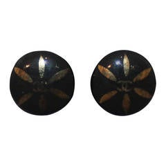 Chanel Black & Gold Enamel Clip-On Earrings - Circa 1997