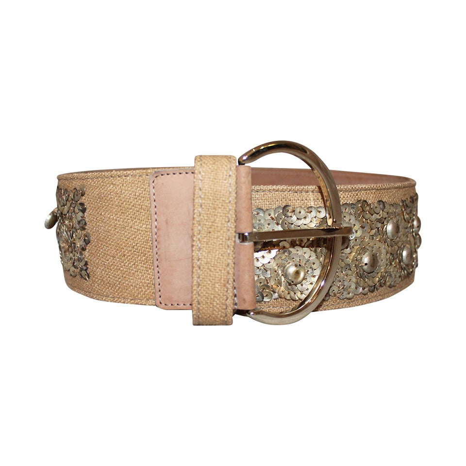 Oscar de la Renta Tan Canvas & Sequin Belt - M