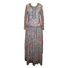 Oscar De La Renta Vintage Lace Rhinestone & Peal Long Sleeve Gown - circa 1970s
