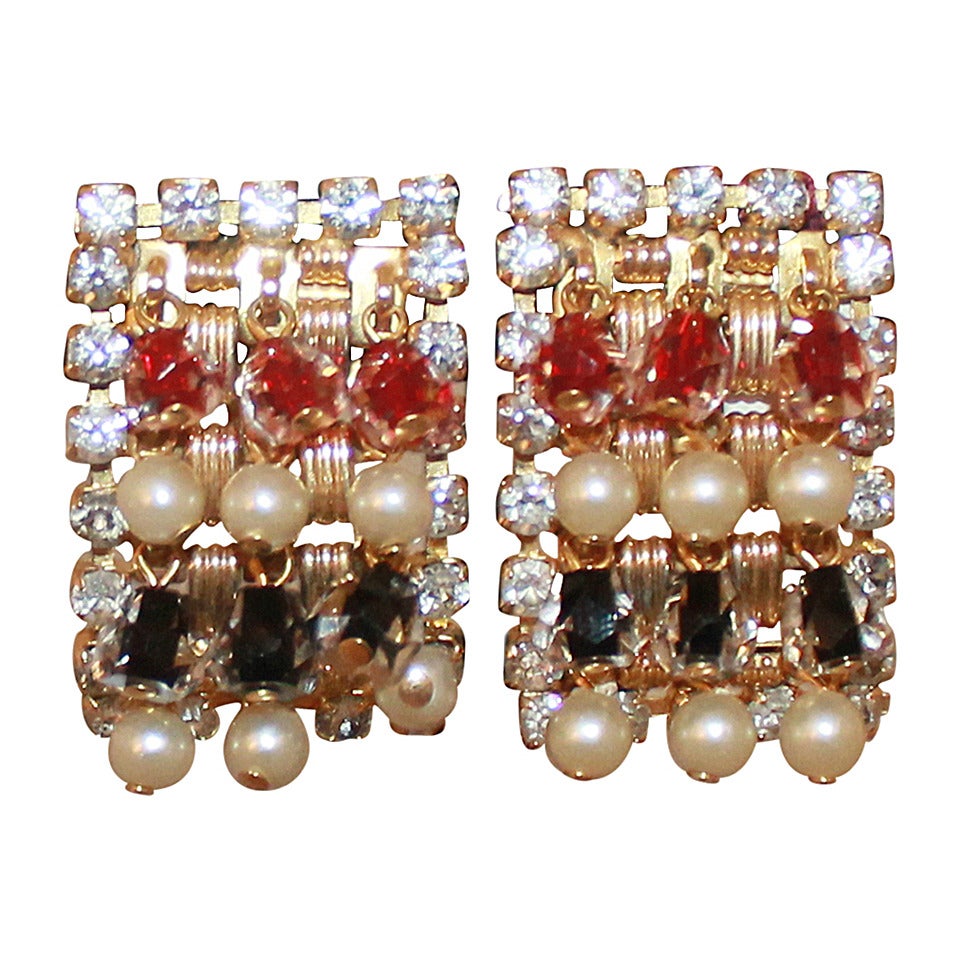 Hobe Vintage Pearl and Ruby Sapphire Rhinestone Clip Earrings, circa 1980s