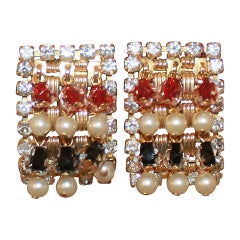 Hobe Retro Pearl and Ruby Sapphire Rhinestone Clip Earrings, circa 1980s
