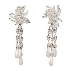 Vintage Art Deco Pearl & Rhinestone Long Earrings - circa 1920s 3