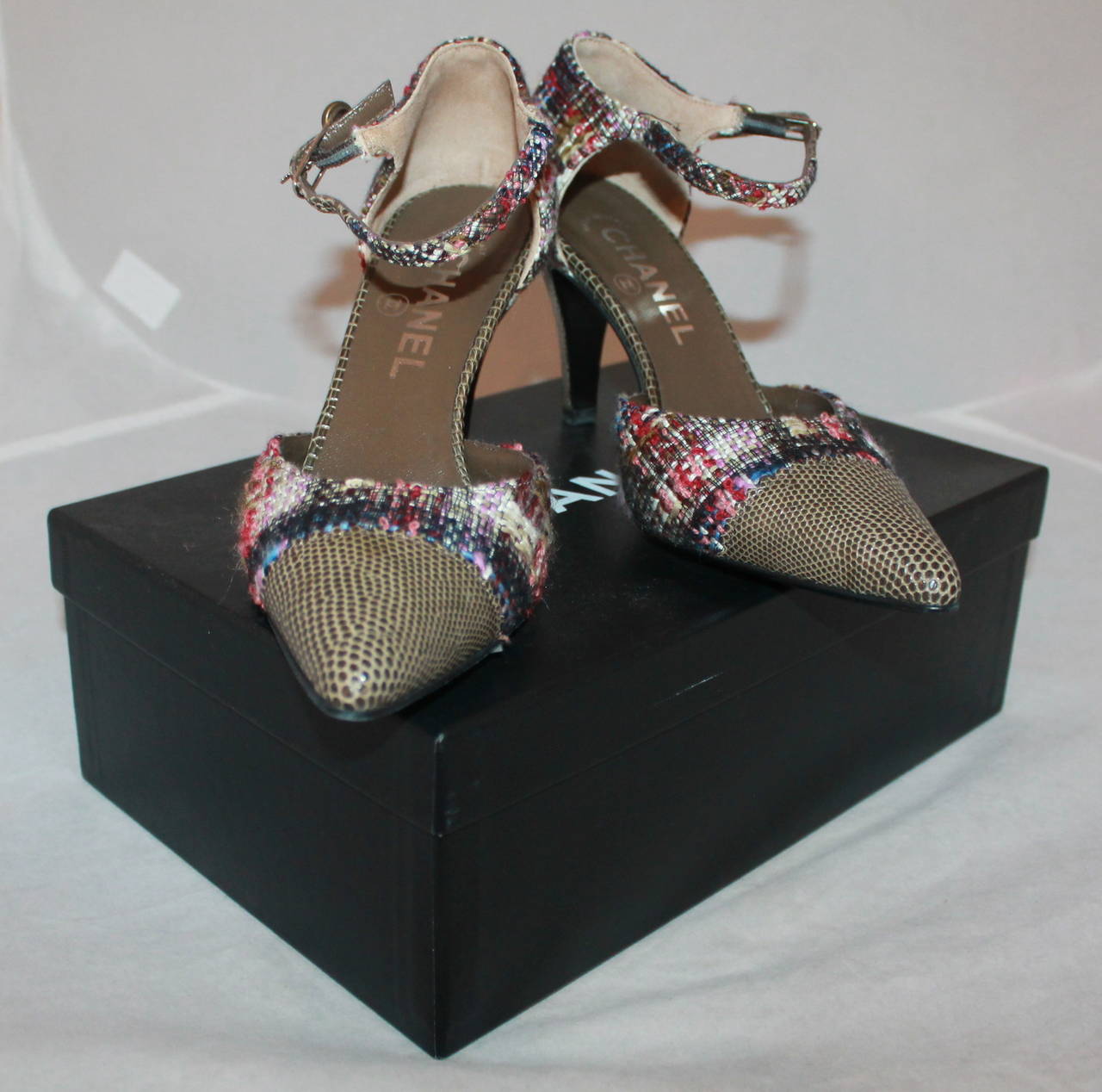 Chanel Olive Lizard & Tweed Heels - 37 **NEW** 1