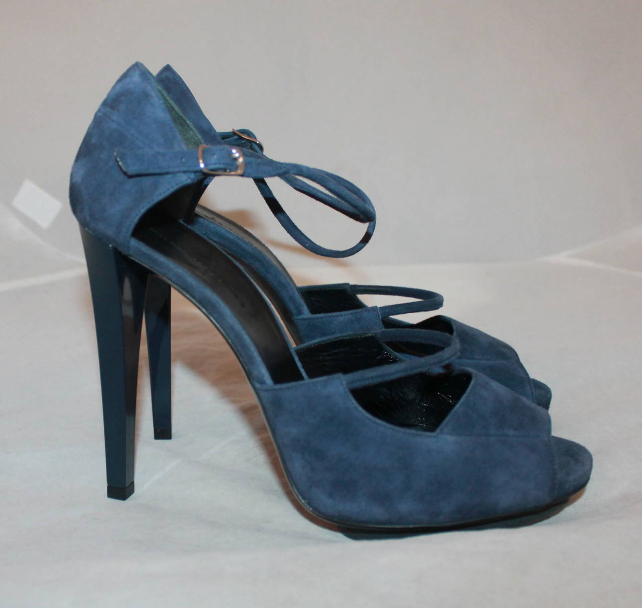 Balenciaga Navy Suede Strappy Platform Heels - 40. These shoes are in impeccable condition with very minor wear on the bottom.