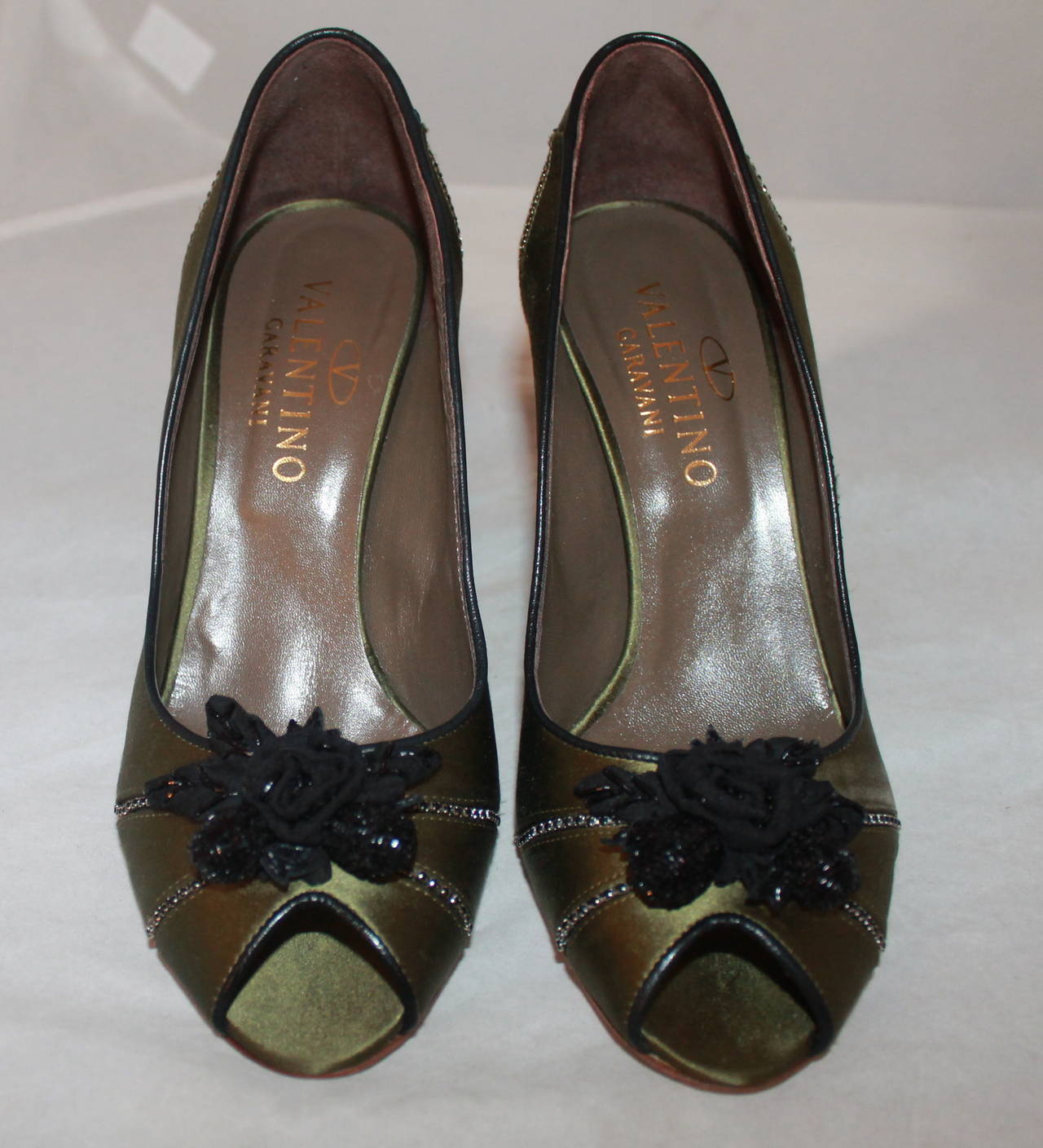 Valentino Olive & Black Rhinestone Peep Toe Heels - 39.5. These shoes are in excellent condition with very minor wear.