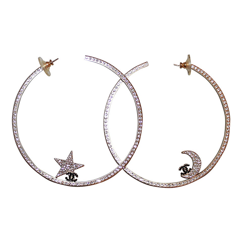 Chanel Large Star & Moon Rhinestone Hoops - circa 2000