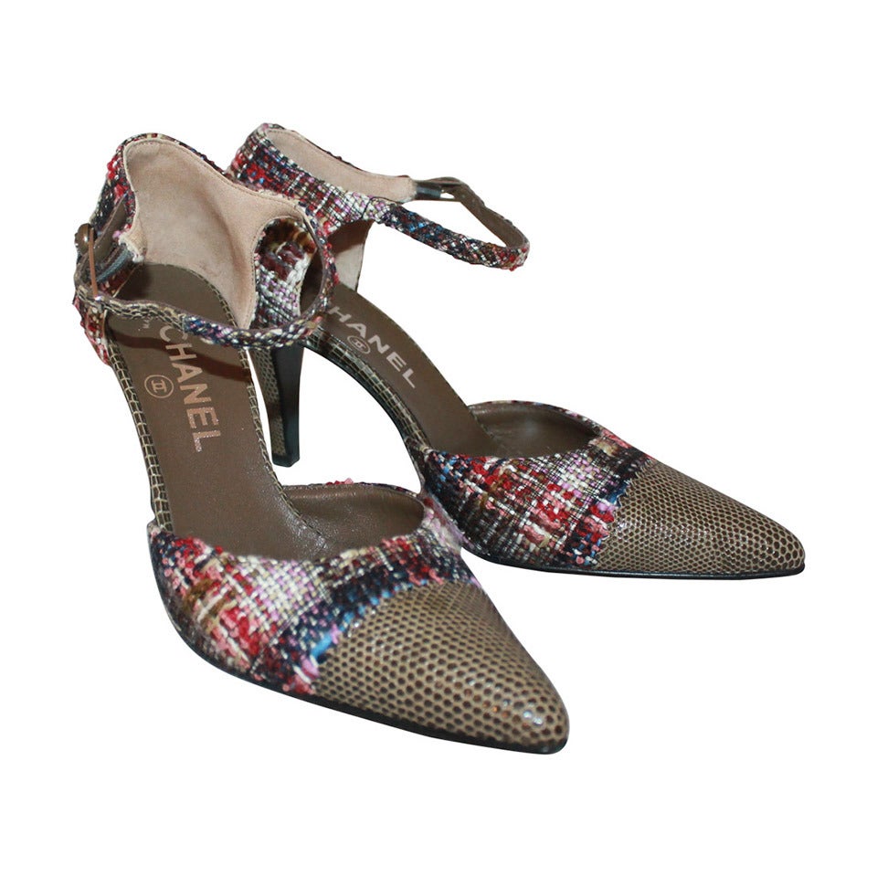 Chanel Olive Lizard & Tweed Heels - 37 **NEW**