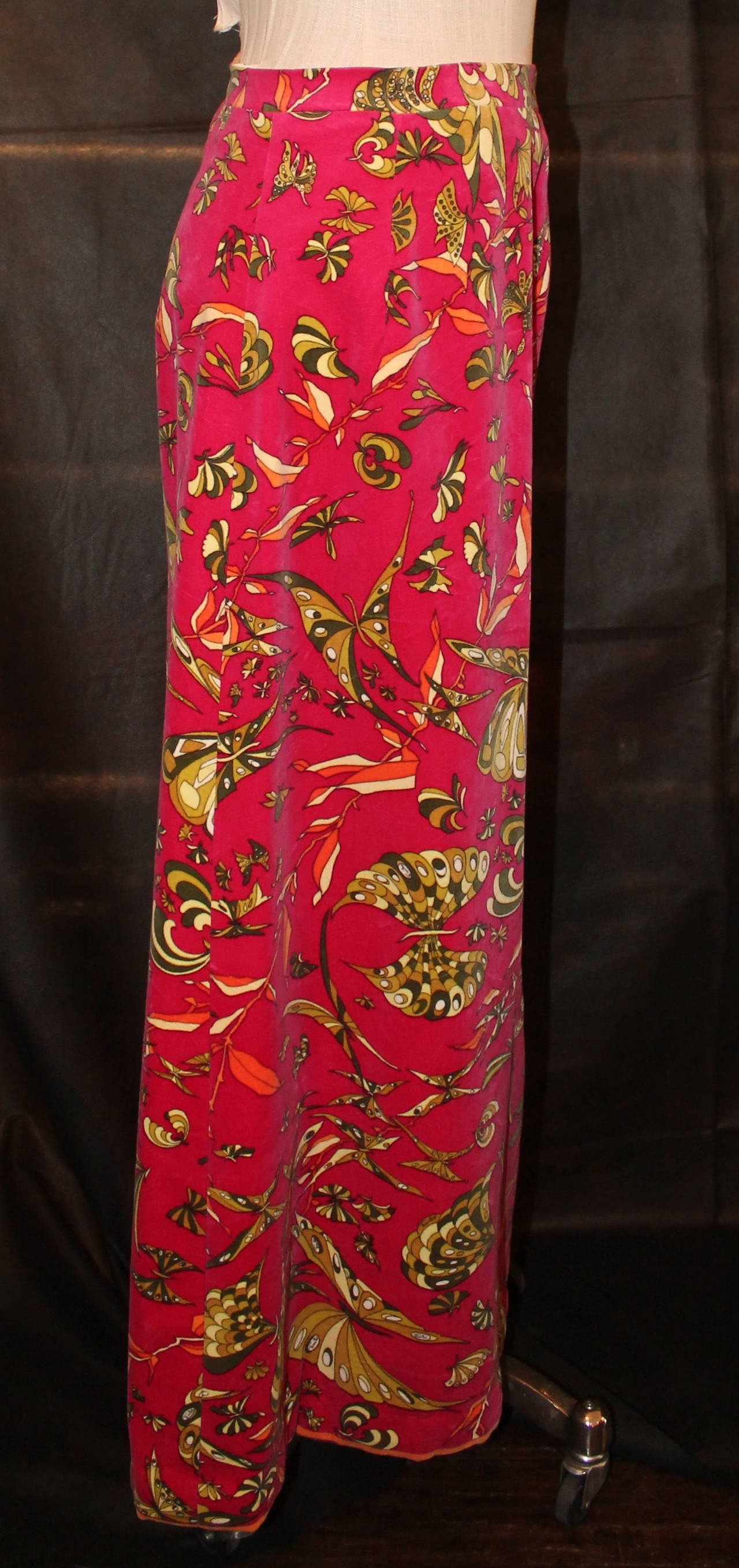 Red Emilio Pucci 1970’s Magenta & Olive Butterfly Velvet Maxi Skirt - Size M For Sale