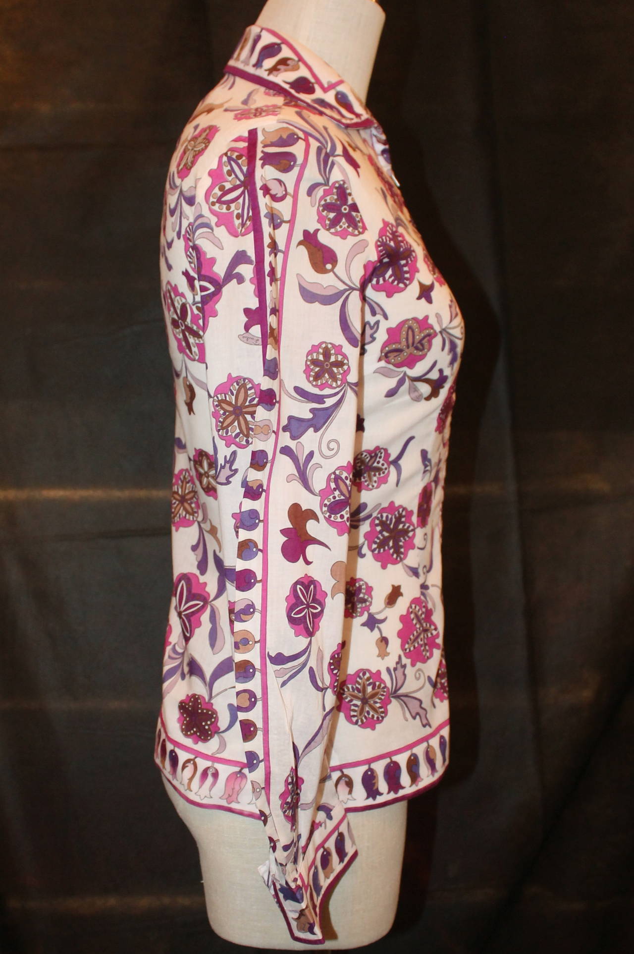 Beige Pucci Vintage White, Purple, Pink Floral Print Jacket/Shirt - circa 1960s - S For Sale