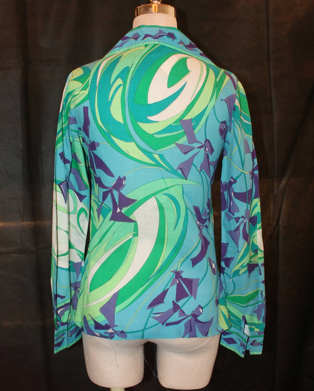 Pucci Vintage Teal Floral Print Jacket/Shirt - circa 1960s - S In Good Condition For Sale In West Palm Beach, FL