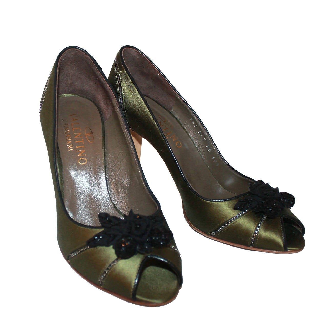 Valentino Olive and Rhinestone Peep Toe Heels - 39.5 For Sale at 1stDibs