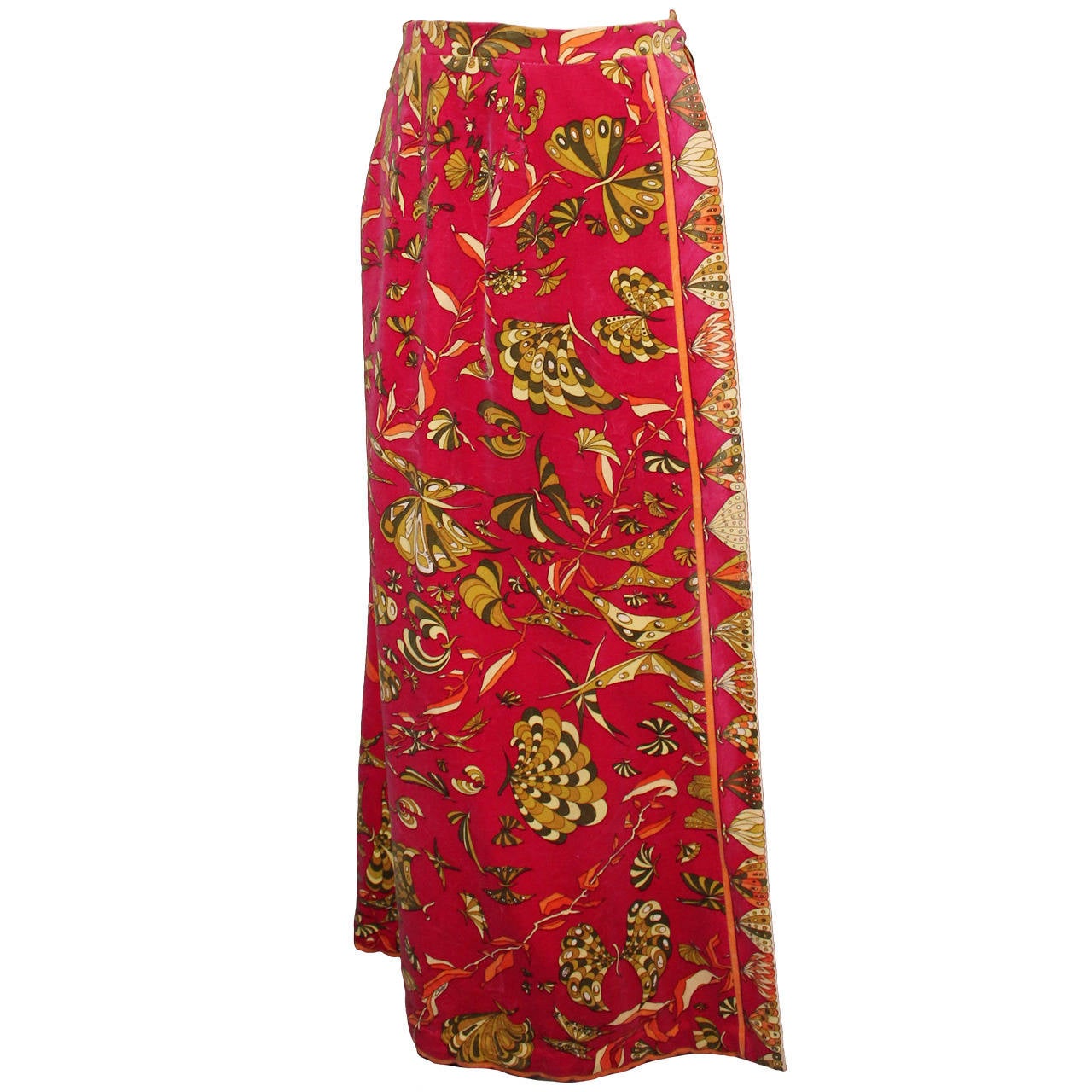 Emilio Pucci 1970’s Magenta & Olive Butterfly Velvet Maxi Skirt - Size M For Sale