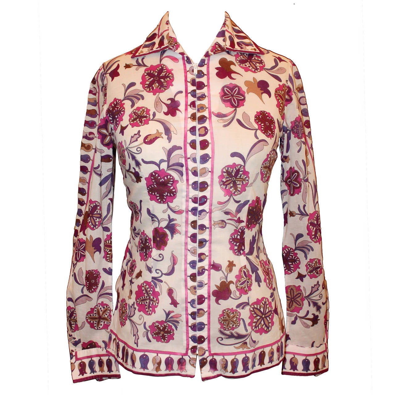 Pucci Vintage Weiße, lila, rosa Jacke/Hemd mit Blumendruck - ca. 1960er Jahre - S im Angebot