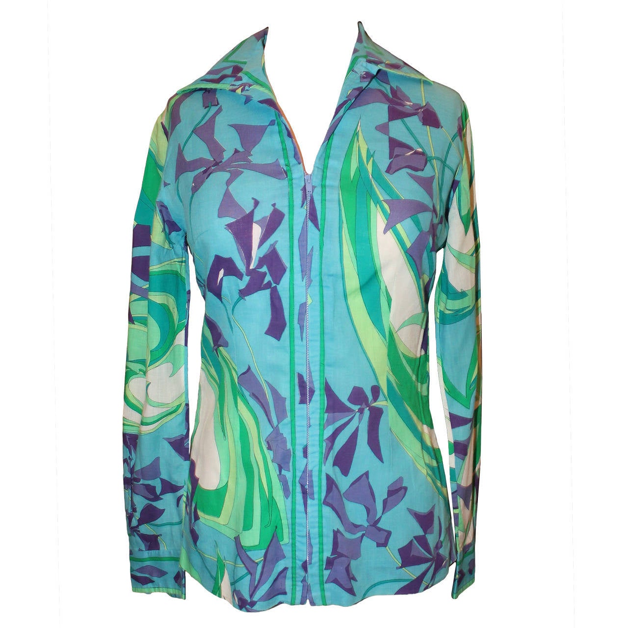 Pucci Vintage Teal Floral Print Jacket/Shirt - circa 1960s - S en vente