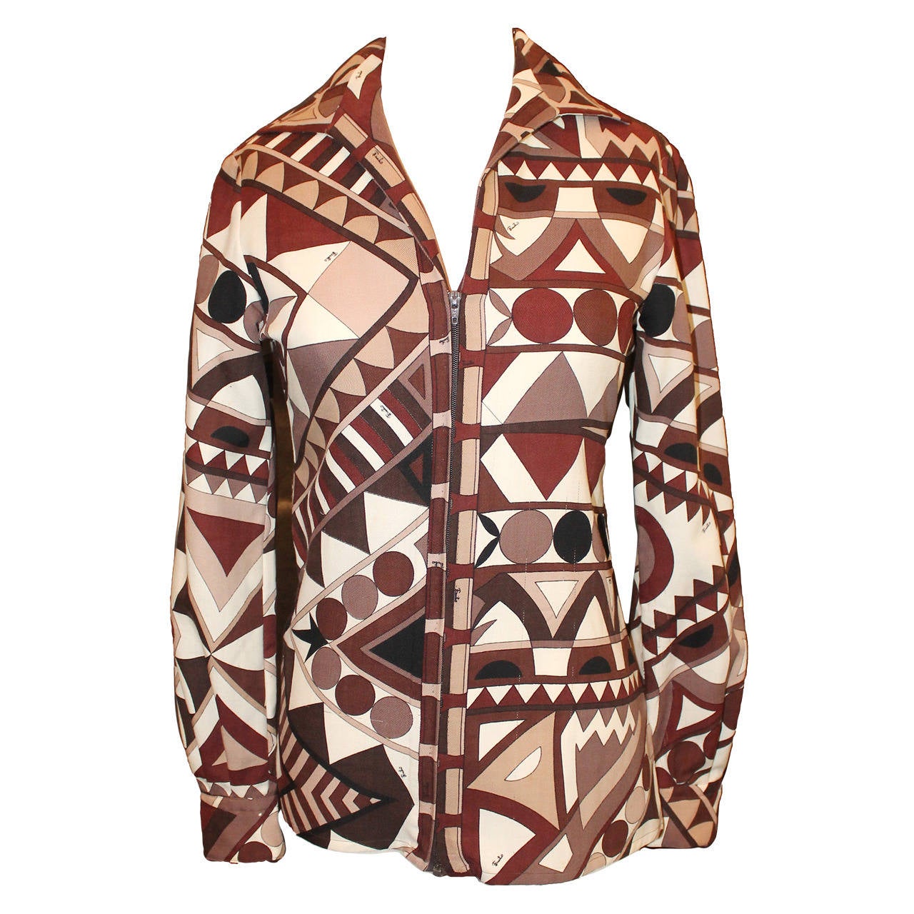 Pucci Vinatge Brown Geomtric Print Jacket/Shirt - circa 1960s - S For Sale