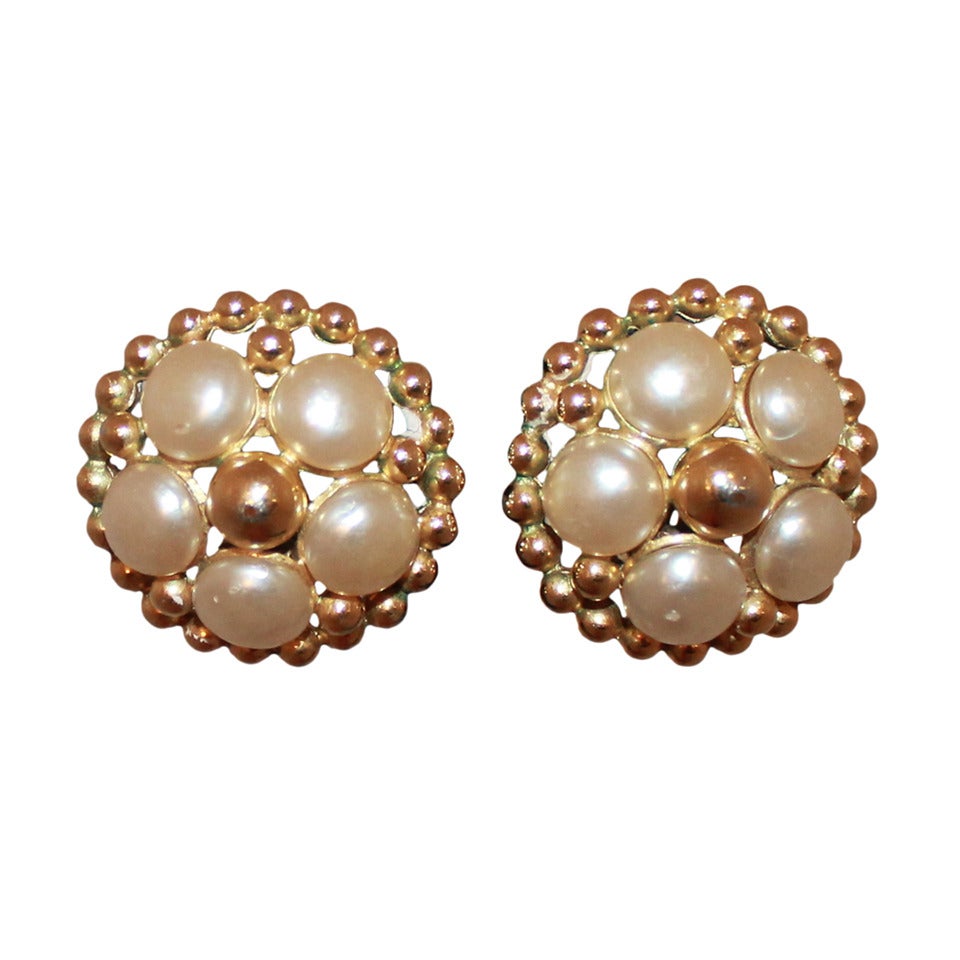 Chanel Vintage Goldtone Flower Pearl Clip-On Earrings - circa 1988