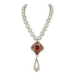 Chanel Vintage Pearl & Red Gripouix Single Strand Necklace - circa 1983