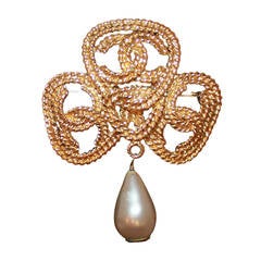 Vintage Chanel Goldtone "CC" Clover Brooch with Hanging Pearl - circa 1991