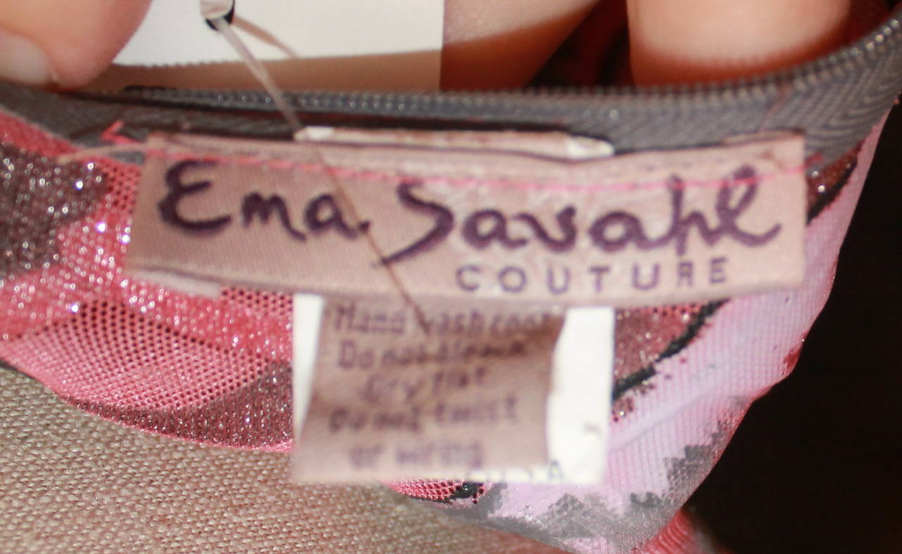 Ema Savahl Couture Pink & Grey Hand-Painted Dress with Rhinestones - M In Excellent Condition In West Palm Beach, FL