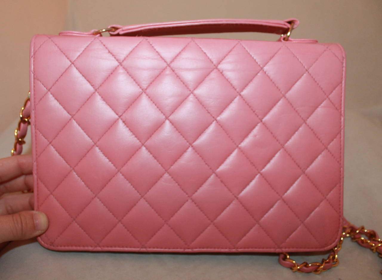 Chanel Vintage Pink Quilted Lambskin Double Turnkey Handbag GHW - circa 1990 In Good Condition In West Palm Beach, FL