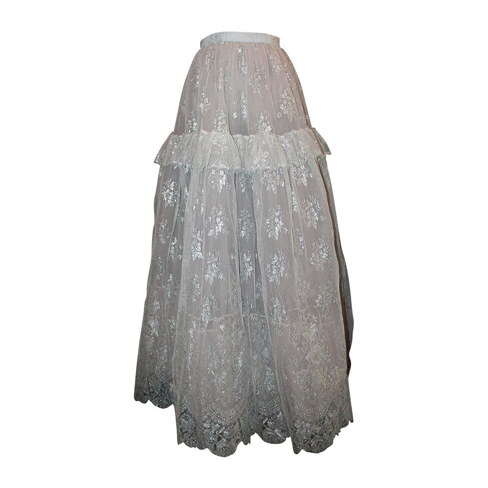 Oscar De La Renta 1990's Vintage Silver Lace & Tulle Ball Skirt - 4