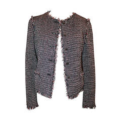 Chanel Black, Red, White Tweed Jacket with Fringe Trim - 40