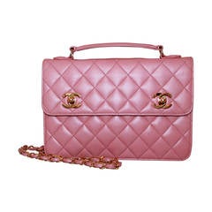 Chanel Vintage Pink Quilted Lambskin Double Turnkey Handbag GHW - circa 1990