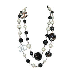 Chanel Long Pearl & Black Bead Necklace with "CC" Accents - circa 2013