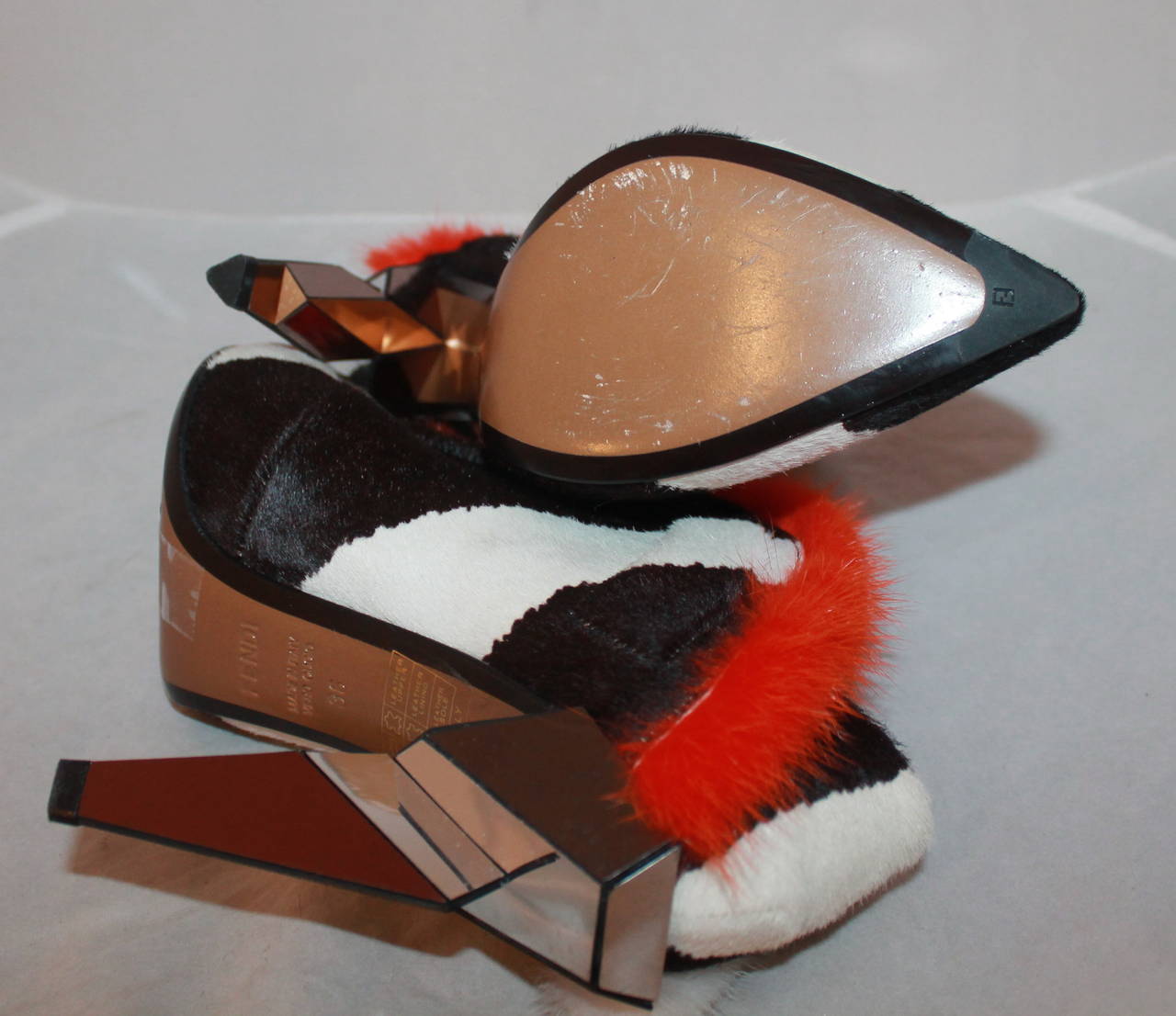 Fendi Striped Pony Hair & Fur Heel with Geometric Mirrored Heel - 36 In Excellent Condition In West Palm Beach, FL