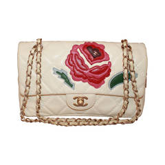 Chanel Ivory Quilted Leather Handbag with Pink & Red Camellia - circa 2005