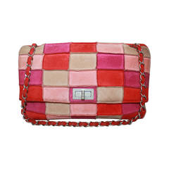 Vintage Chanel Pink & Red Suede Patchwork Shoulder Bag - circa 1999