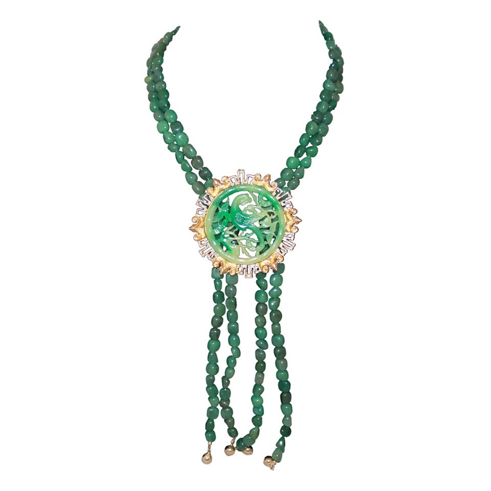 Vendome Vintage Jade Bead & Goldtone Pendant Necklace