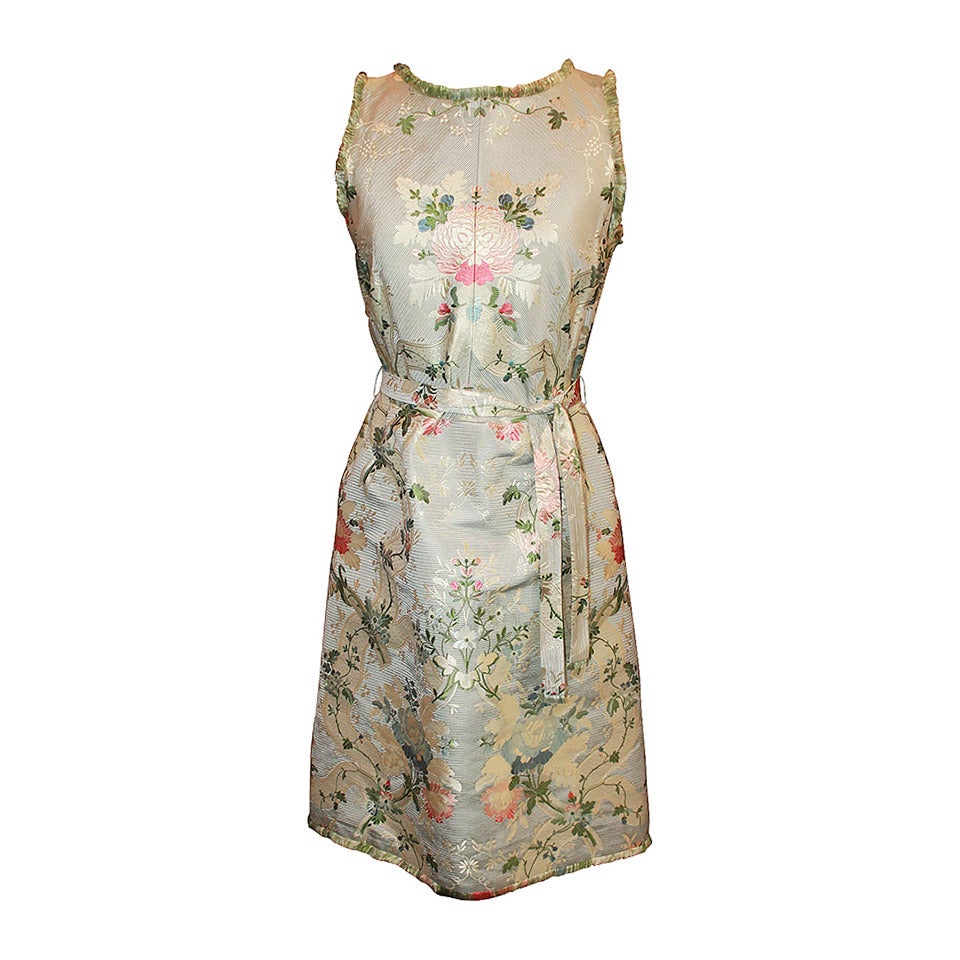 Oscar De La Renta Pastel Green Silk Brocade Dress - 8