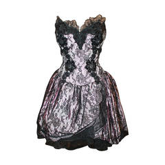 Vicky Tiel 1980s Couture Pale Pink & Black Lace Bodice Dress