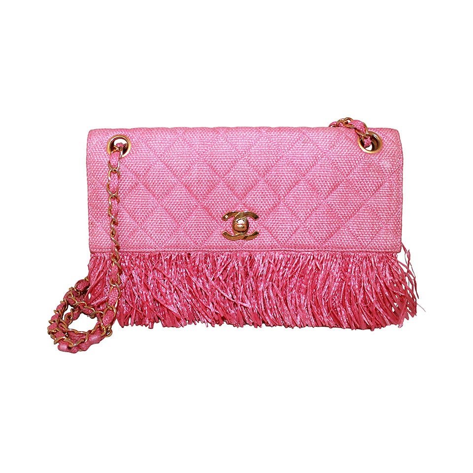 Chanel Vintage Pink Raffia & Fringe Single Flap Handbag - circa 1992