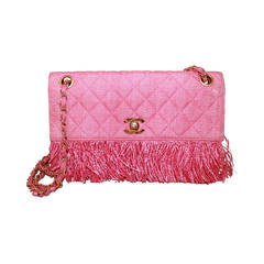Chanel Vintage Pink Raffia & Fringe Single Flap Handbag - circa 1992