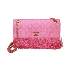 Chanel Vintage Pink Raffia & Fringe Single Flap Handbag - circa 1992
