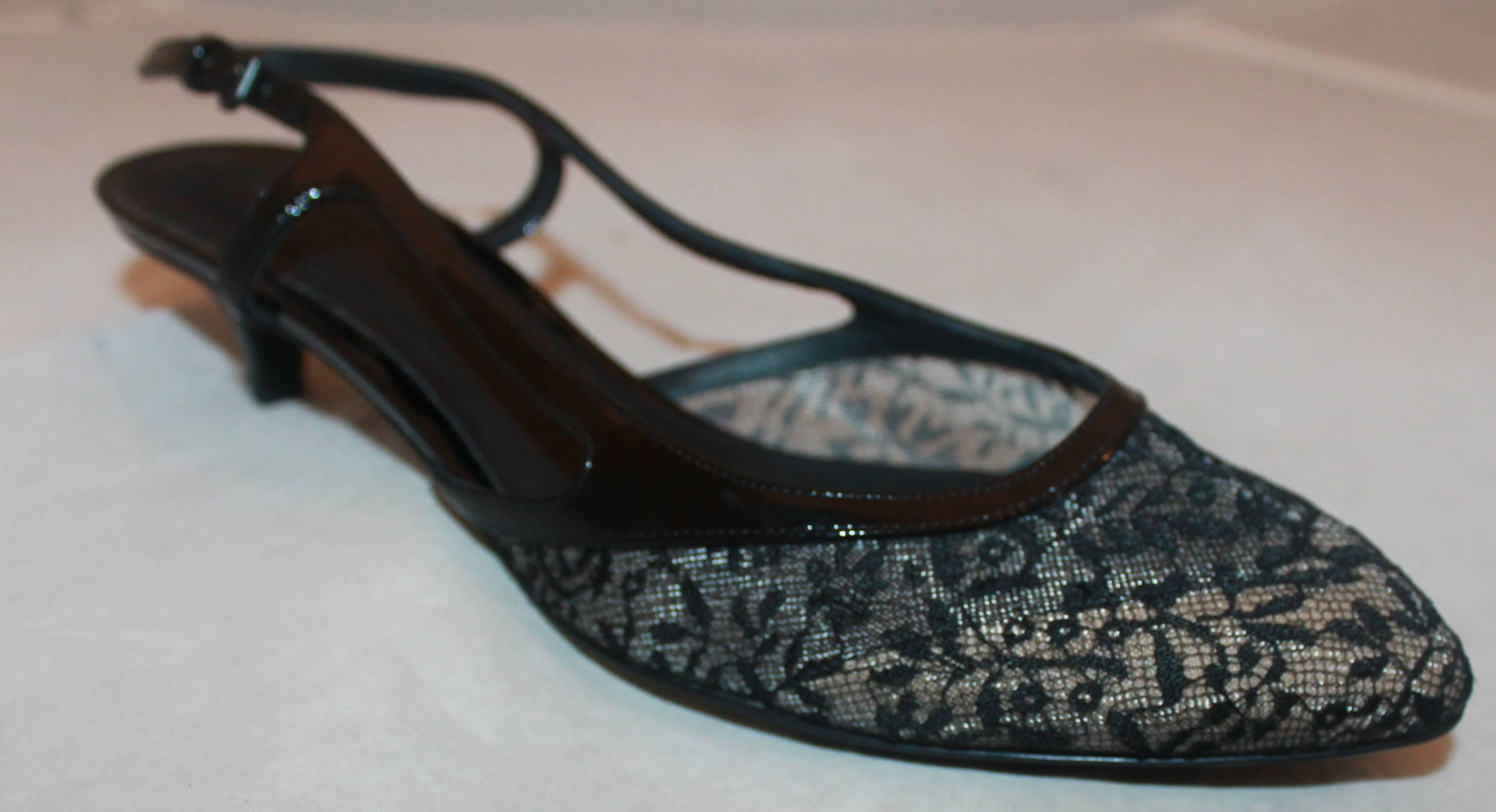 Bottega Veneta Black Patent & Lace Slingbacks w/ Kitten Heel - 41.  These slingbacks are in very good condition with some wear to the sole consistent with their use.  They feature an elegant black lace, black patent trim and straps, a beige underlay